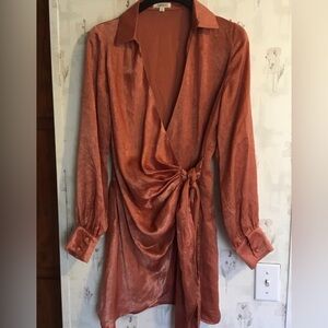 Freeme Copper Wrapped Collared V Neck Dress With Long Cuff Sleeves Size Large